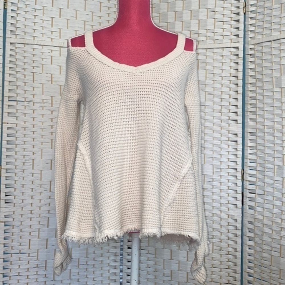 Free People Moonshine Cream Waffle Thermal Sweater Cold Shoulder